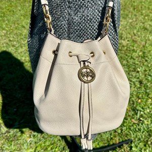 COACH Elle Cream Pebbled Leather Drawstring Bucket Bag with Carriage Charm 31412